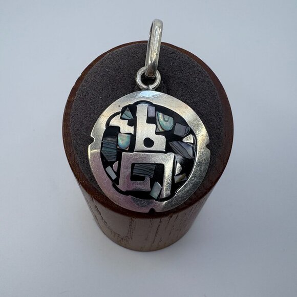 VTG Solid Sterling Silver 925 Abalone Inlay Circle Pendant Size 1.75" Length - Picture 3 of 9